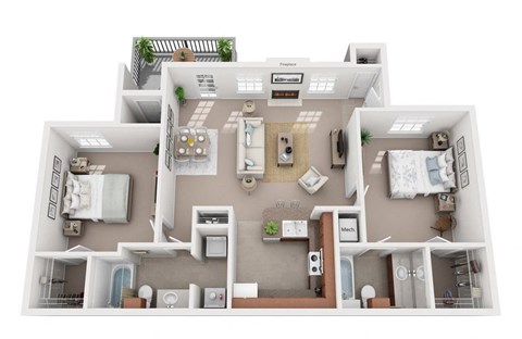 Floor plan for 2 beds, 2 baths, 1050 sqft